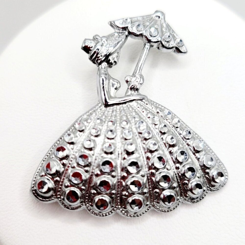 Vintage Charles Horner Unsigned Staybrite Brooch 1940s Rhinestones Lady Parasol
